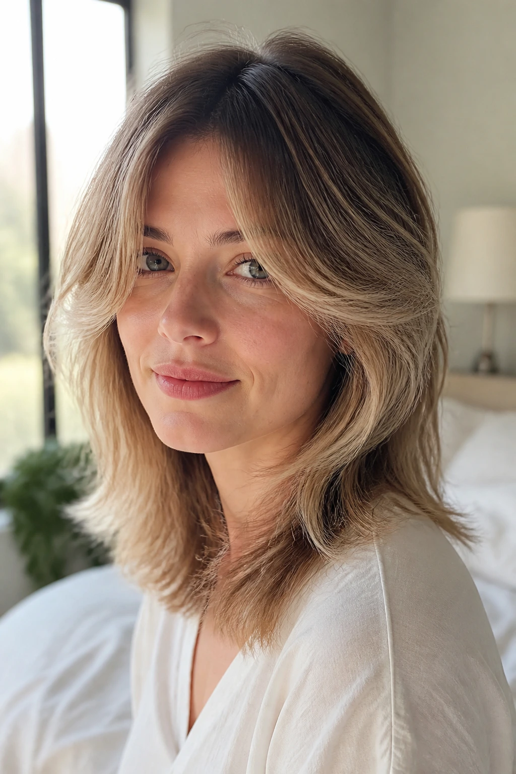 Close-up of a real person with feathered layers for fine hair and soft curtain bangs