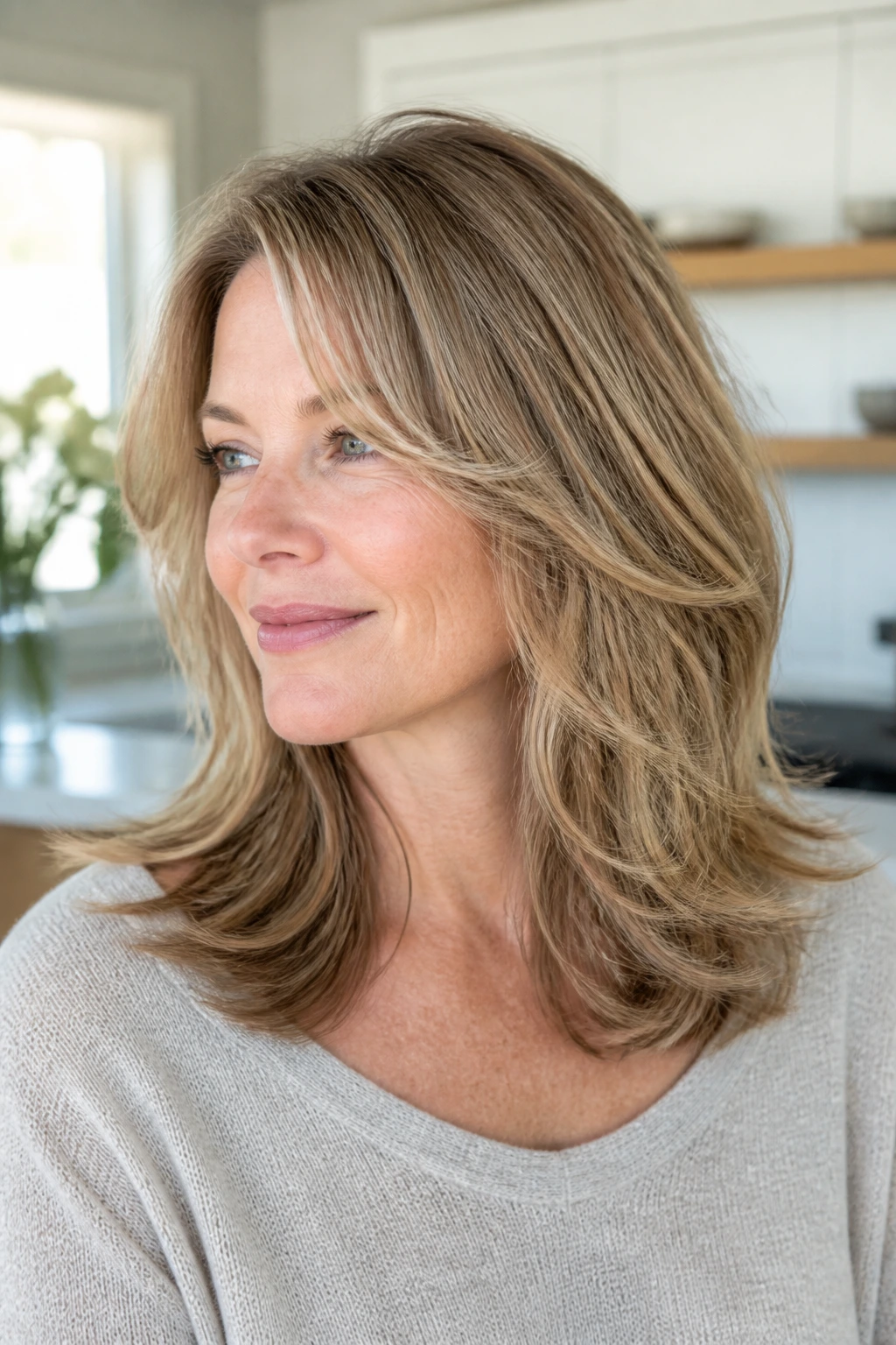 Portrait of woman with feathered layers at crown to add fullness to fine hair