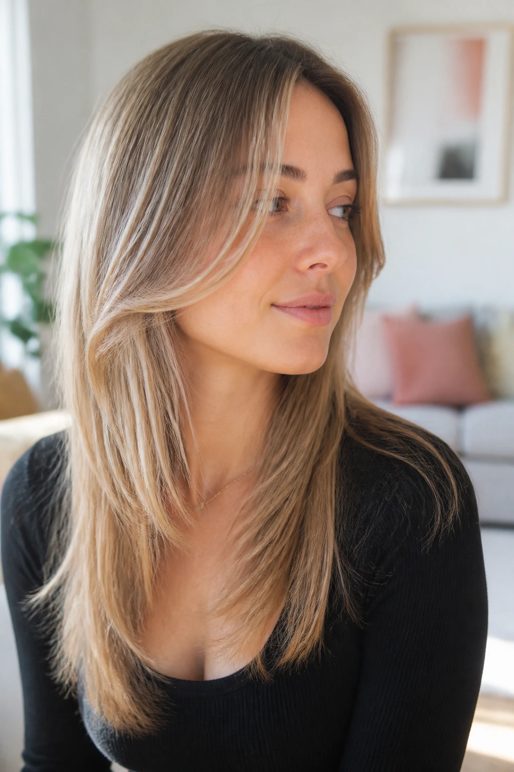 Portrait showing feathered layers on fine straight hair framing the face