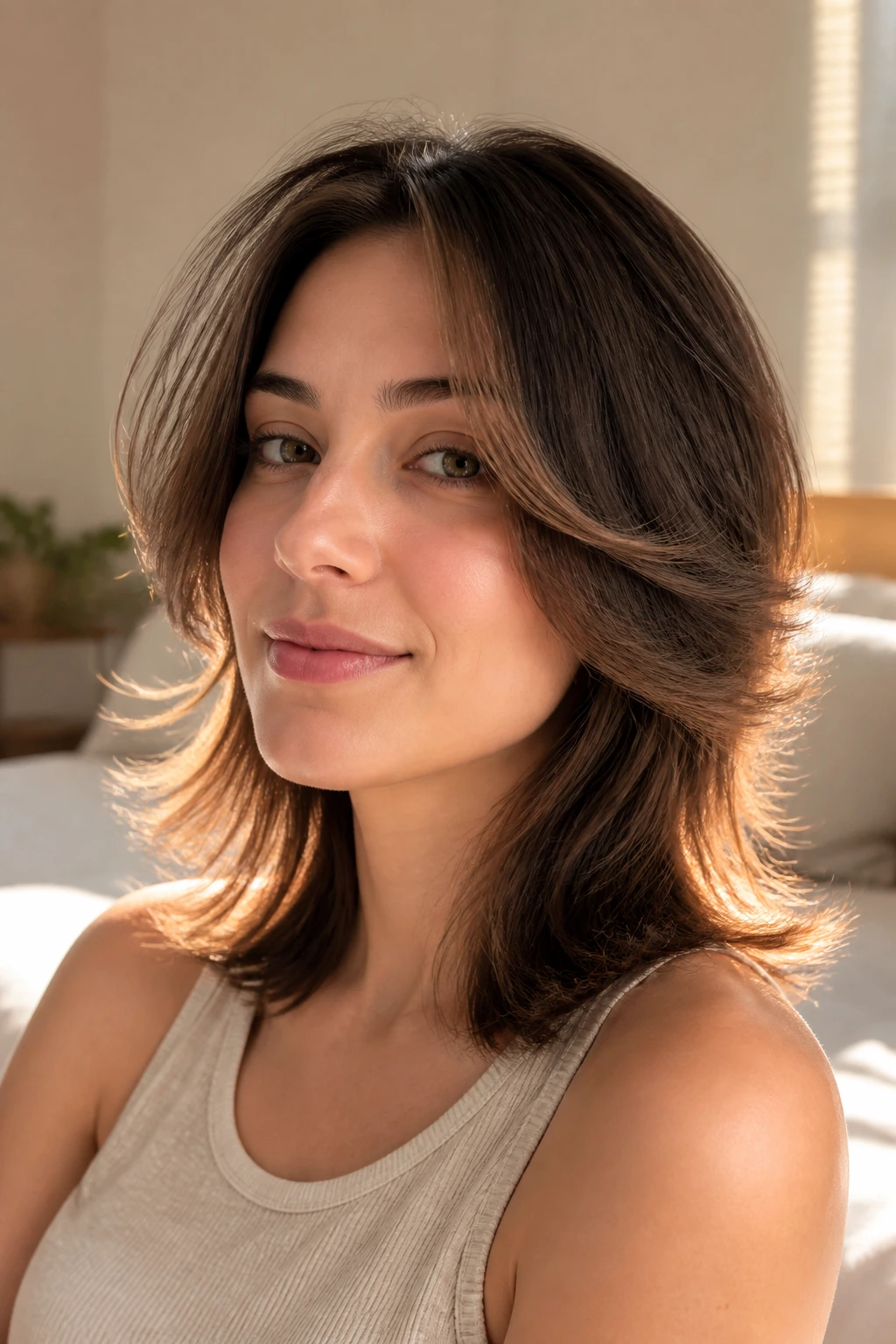 Close-up of a real woman with feathered layers and flipped-out ends