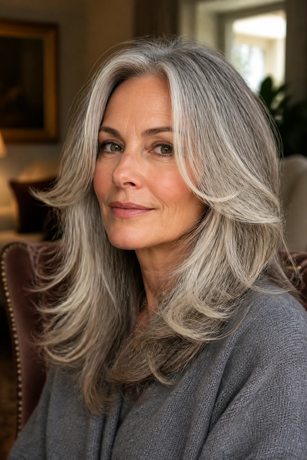 Close-up of a real woman with feathered blowout layers around the face