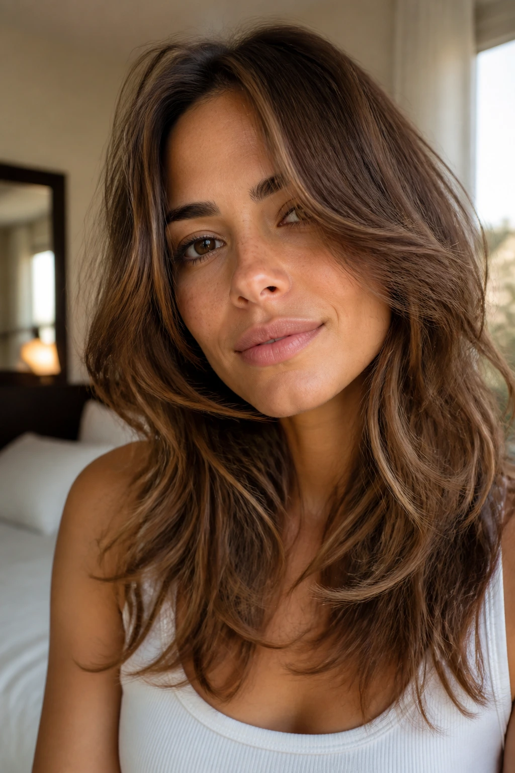 Portrait of a real person with long feathered layers and soft ends in natural window light