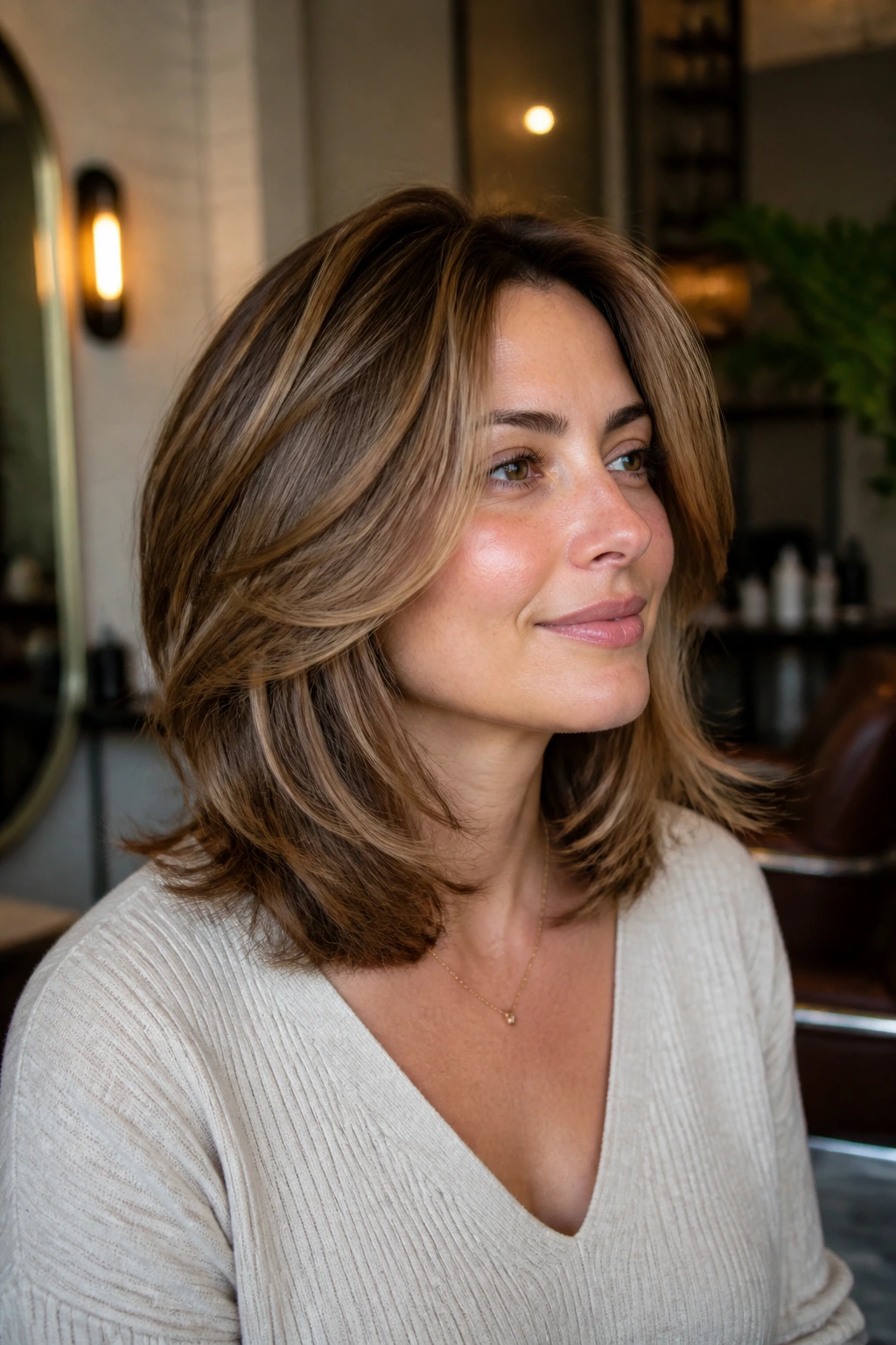 Close-up of a real woman with feathered shoulder-length layers swept away from the face in warm window light