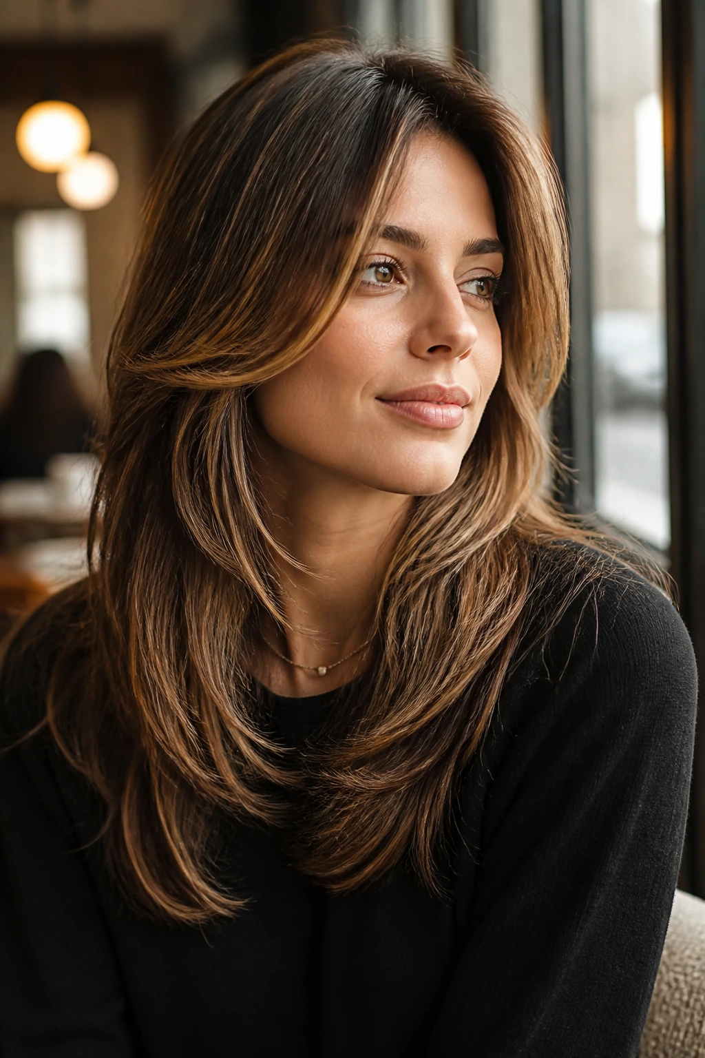 Close-up portrait of a woman with feathered layers and subtle highlights
