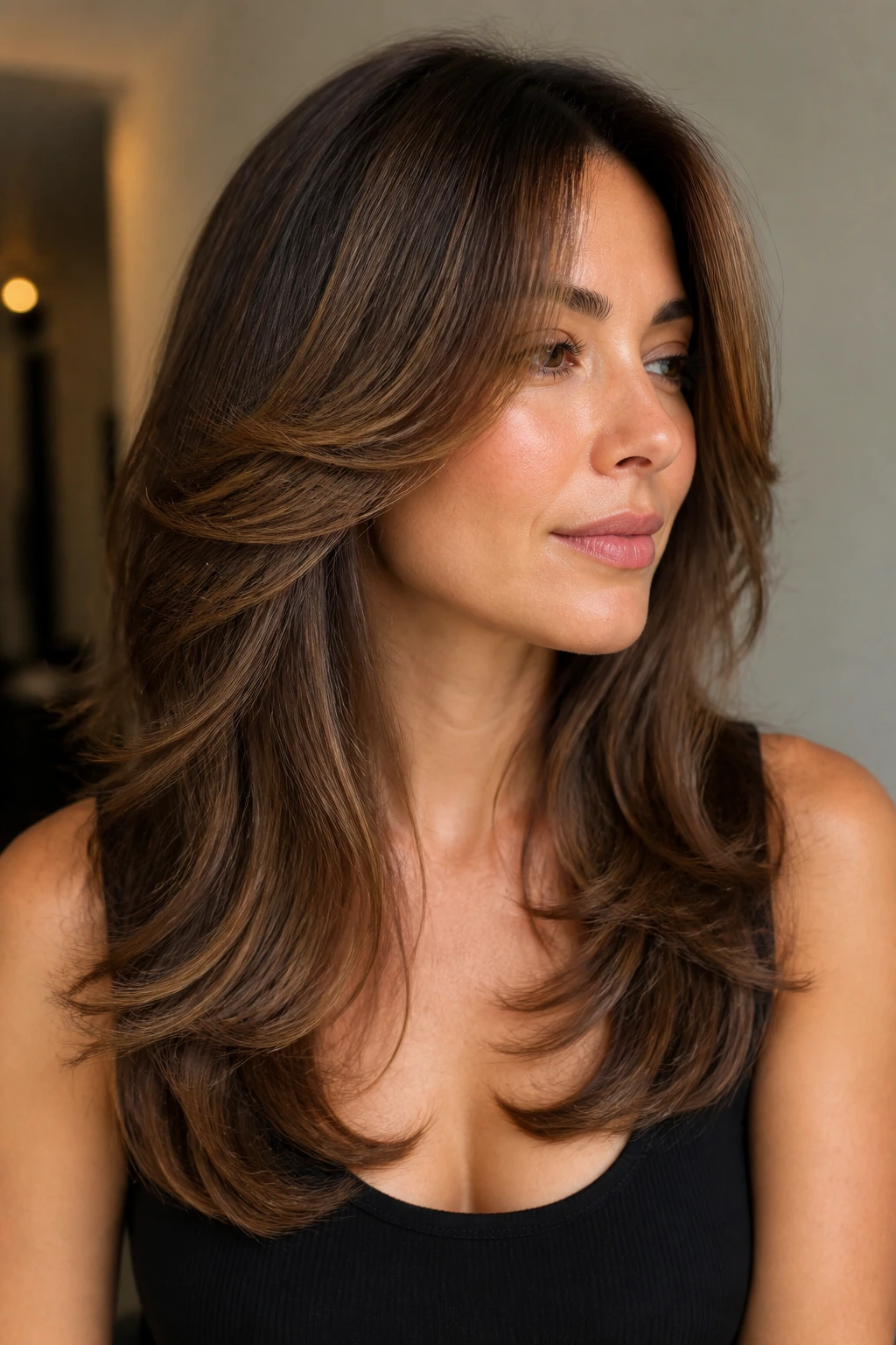 Close-up portrait of a real woman with feathered blowout layers in warm lighting