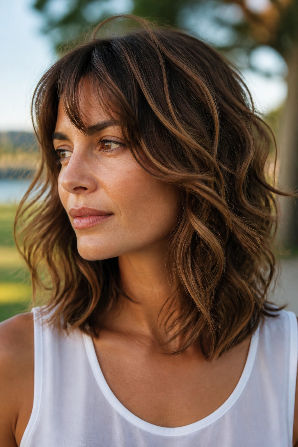 Real person with shoulder-length waves and feathered layers following the bend