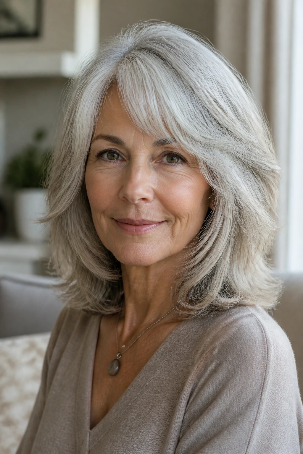 Close-up portrait of a real woman with feathered shoulder-length layers