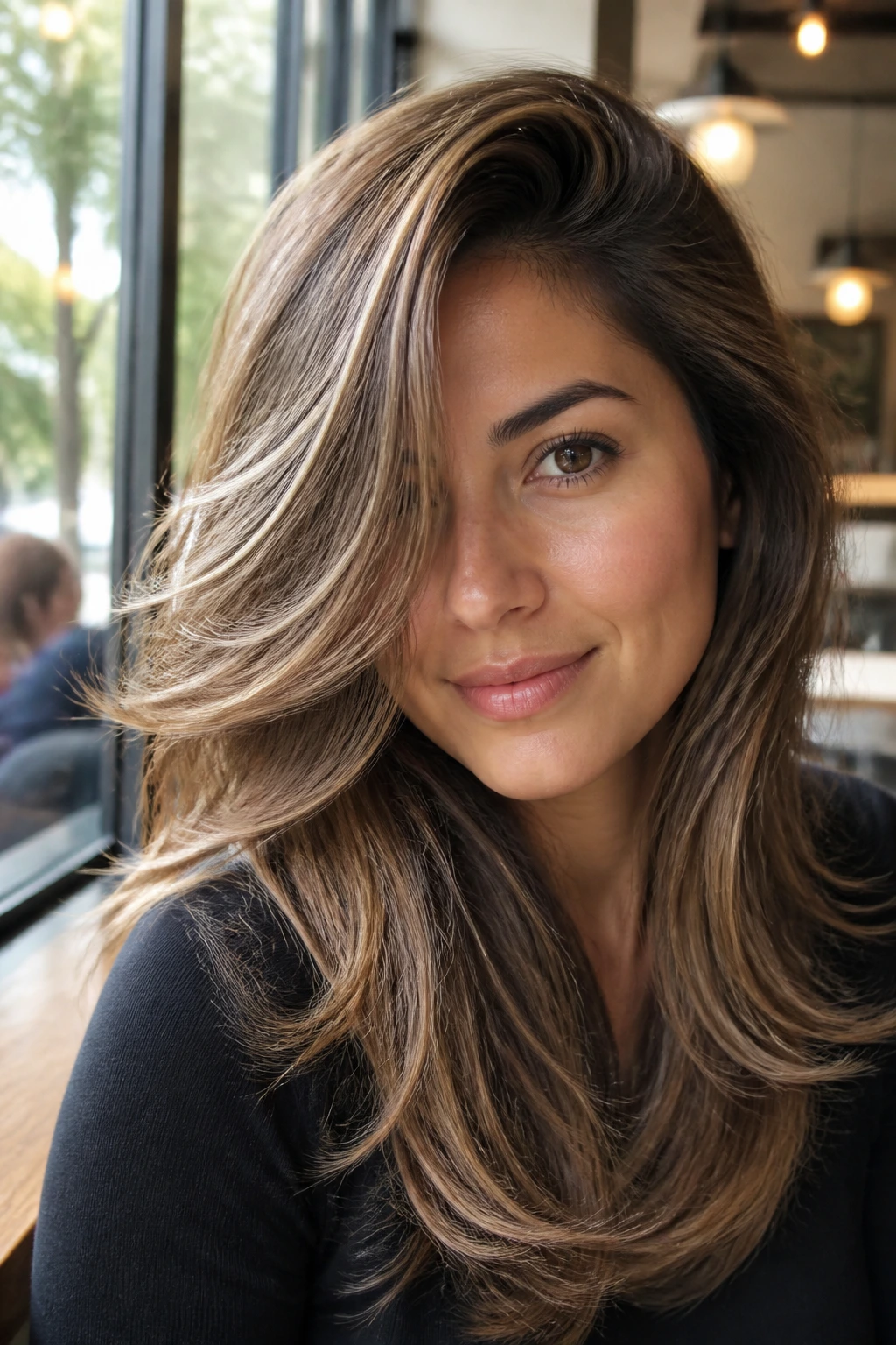 Close-up of real woman with deep side-part feathered layers sweeping the face