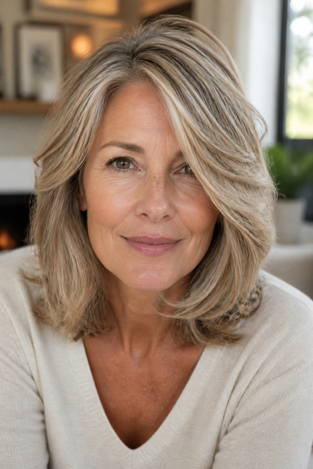Woman with a deep side part and feathered layers showing lift at the crown