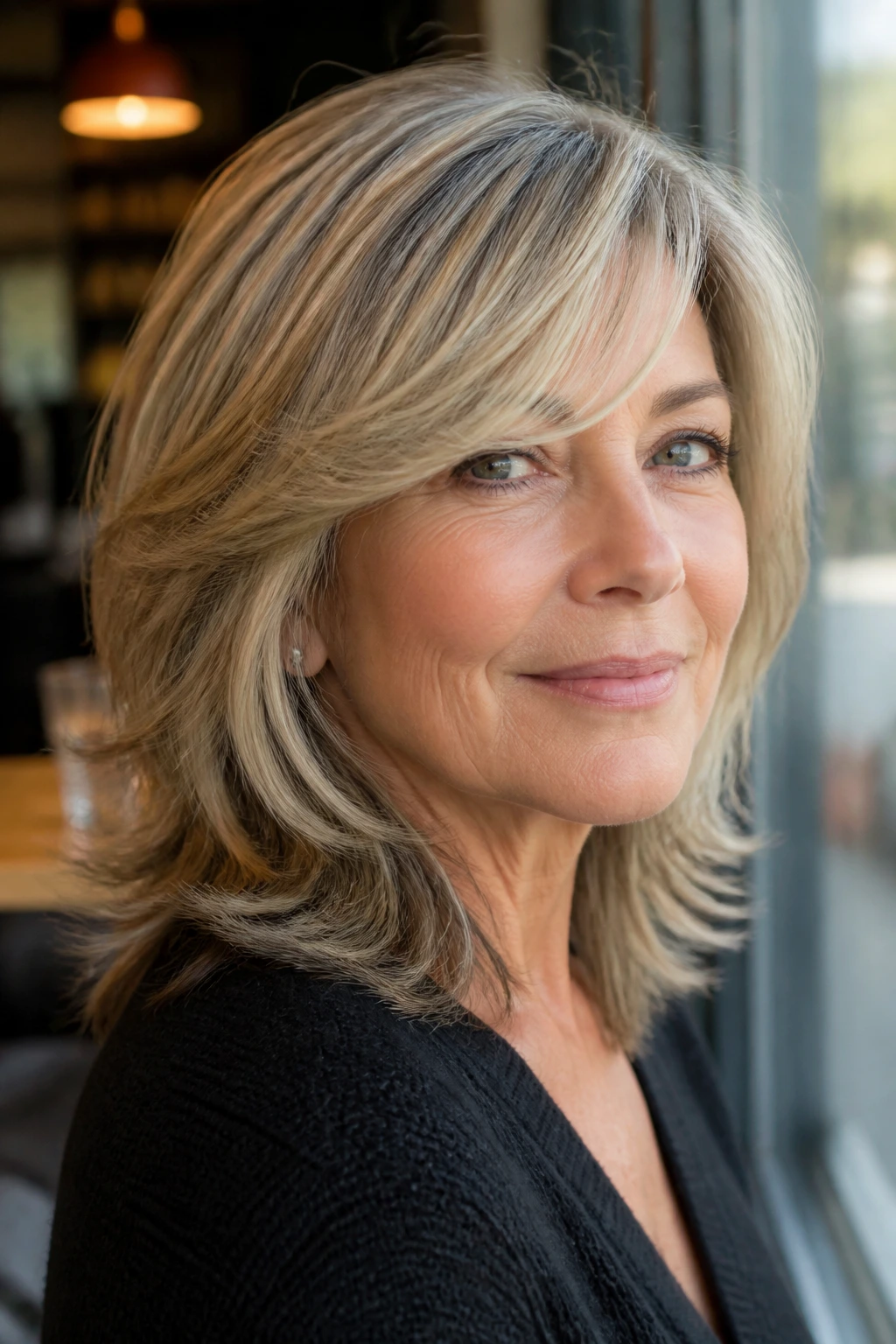 Portrait of a real woman with feathered layers and side-swept bangs