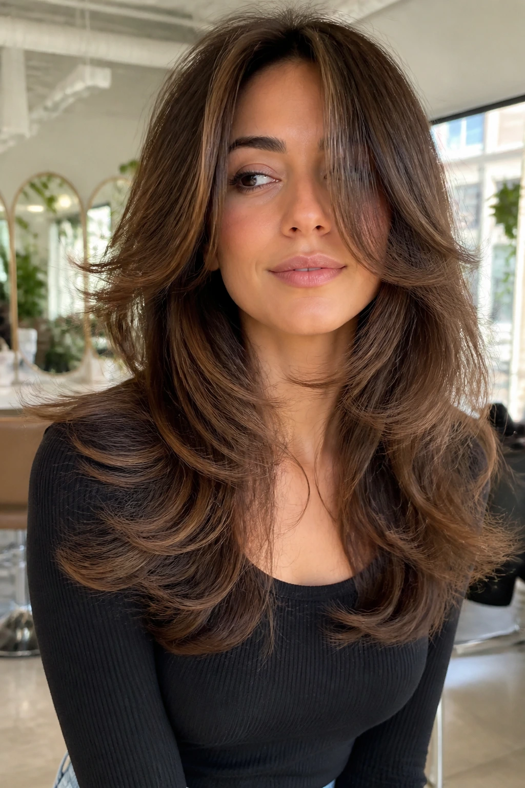 Portrait of a woman with feathered blowout layers framing her face.