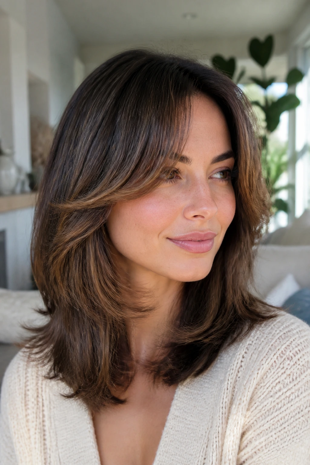 Portrait of a woman with feathered layers and swoopy curtain fringe in natural daylight
