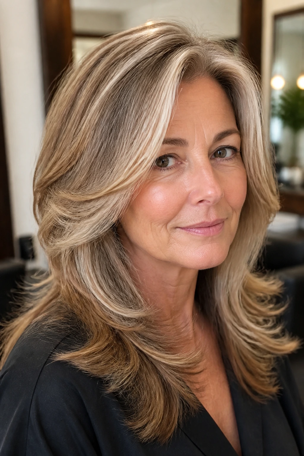 Close-up of a real woman with feathered layers in thick hair.