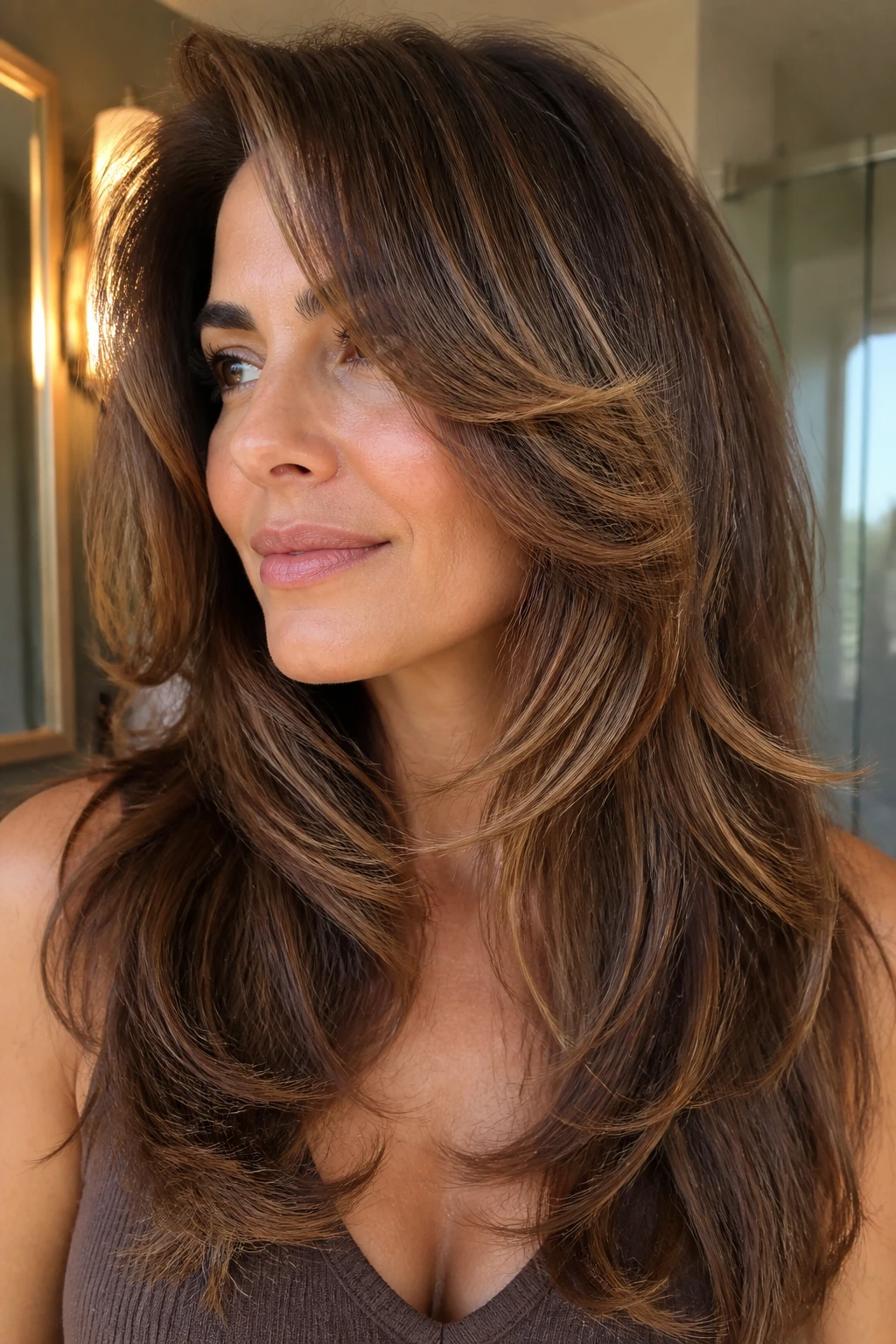 Close-up of a real woman with thick hair showing feathered layers for movement