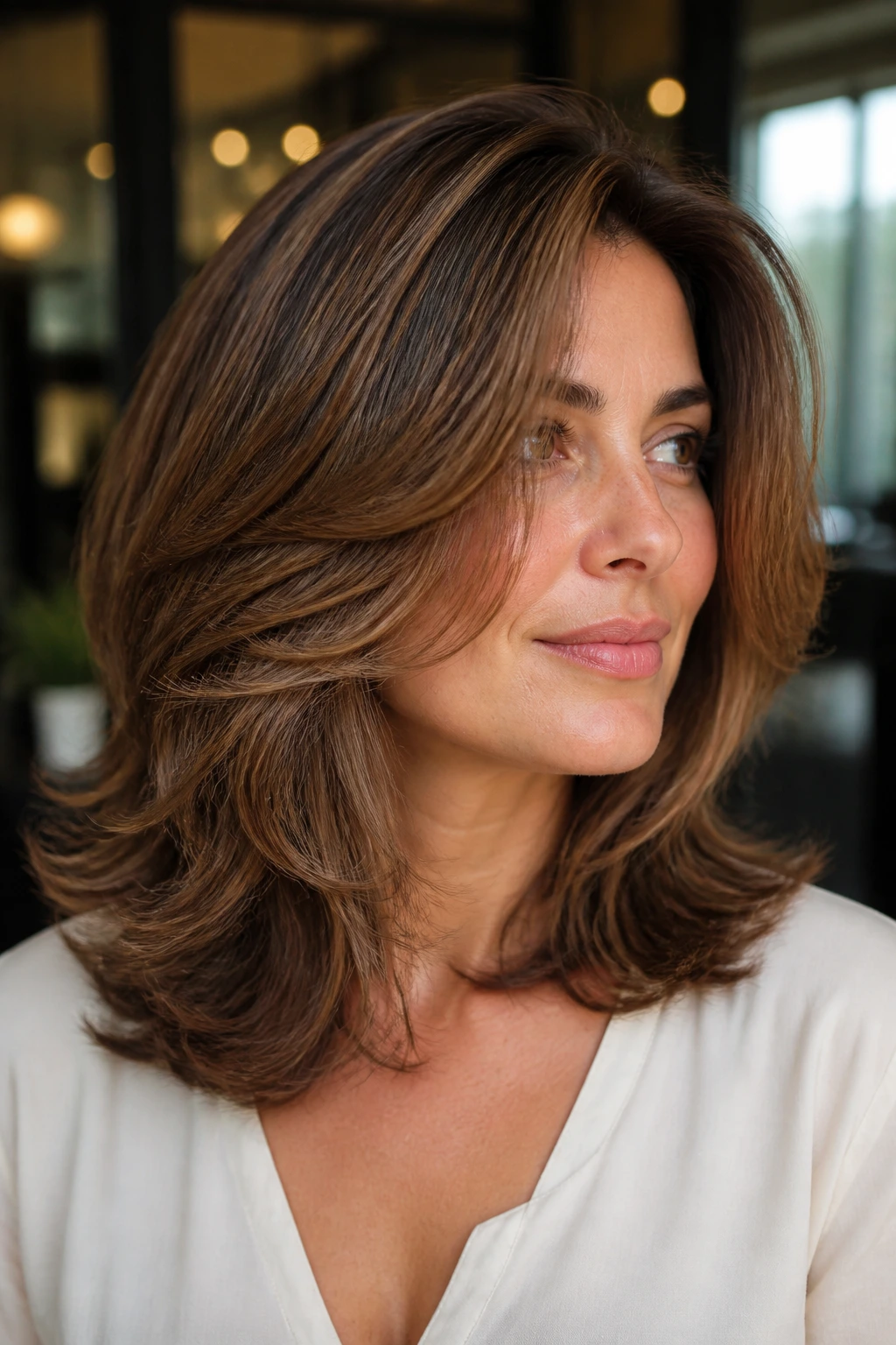 Close-up of a real woman with feathered layers in thick shoulder-length hair at a salon