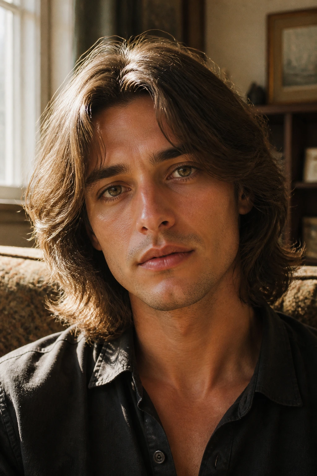 Close-up of a man with feathered mid-length layers in a vintage-inspired setting
