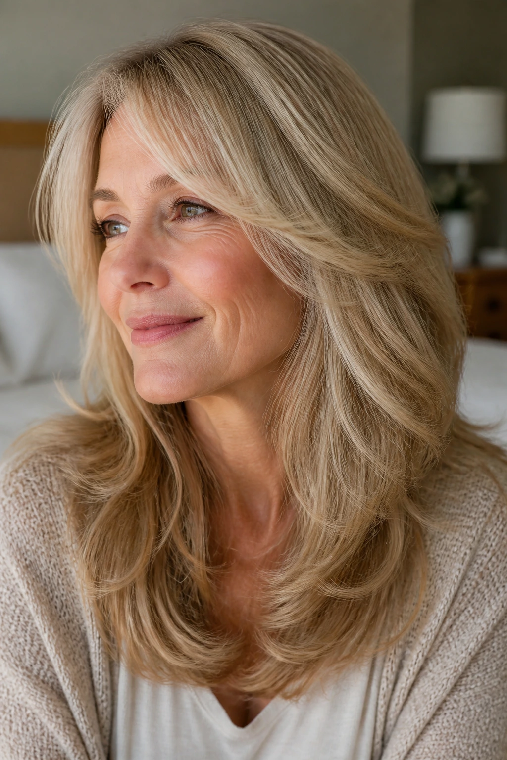Woman with soft feathered layers and wispy ends in a close-up portrait