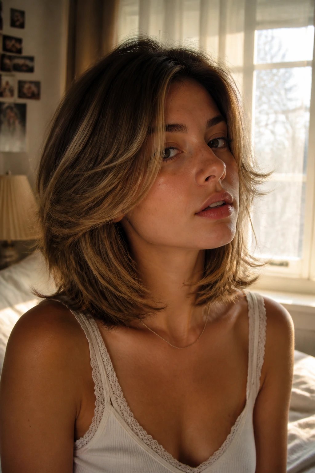 Close-up of feathered ’90s lob on a real woman with face-framing layers