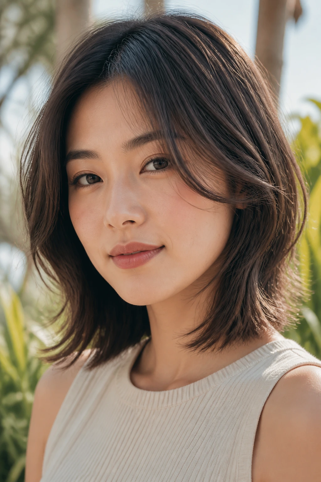 Asian woman with feathered lob and airy face framing