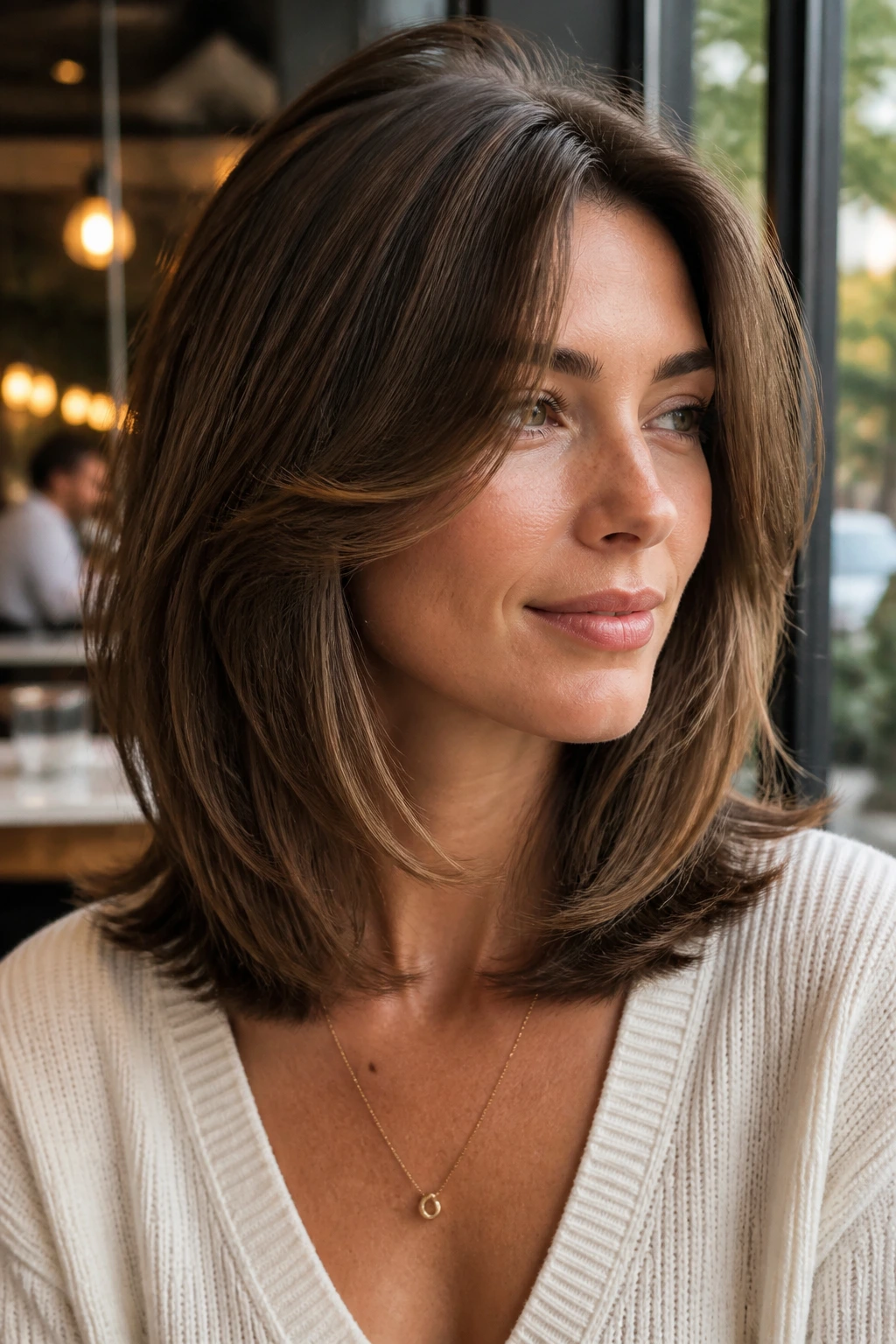 Portrait of a woman with a classic feathered lob featuring cheekbone-length front pieces in soft light