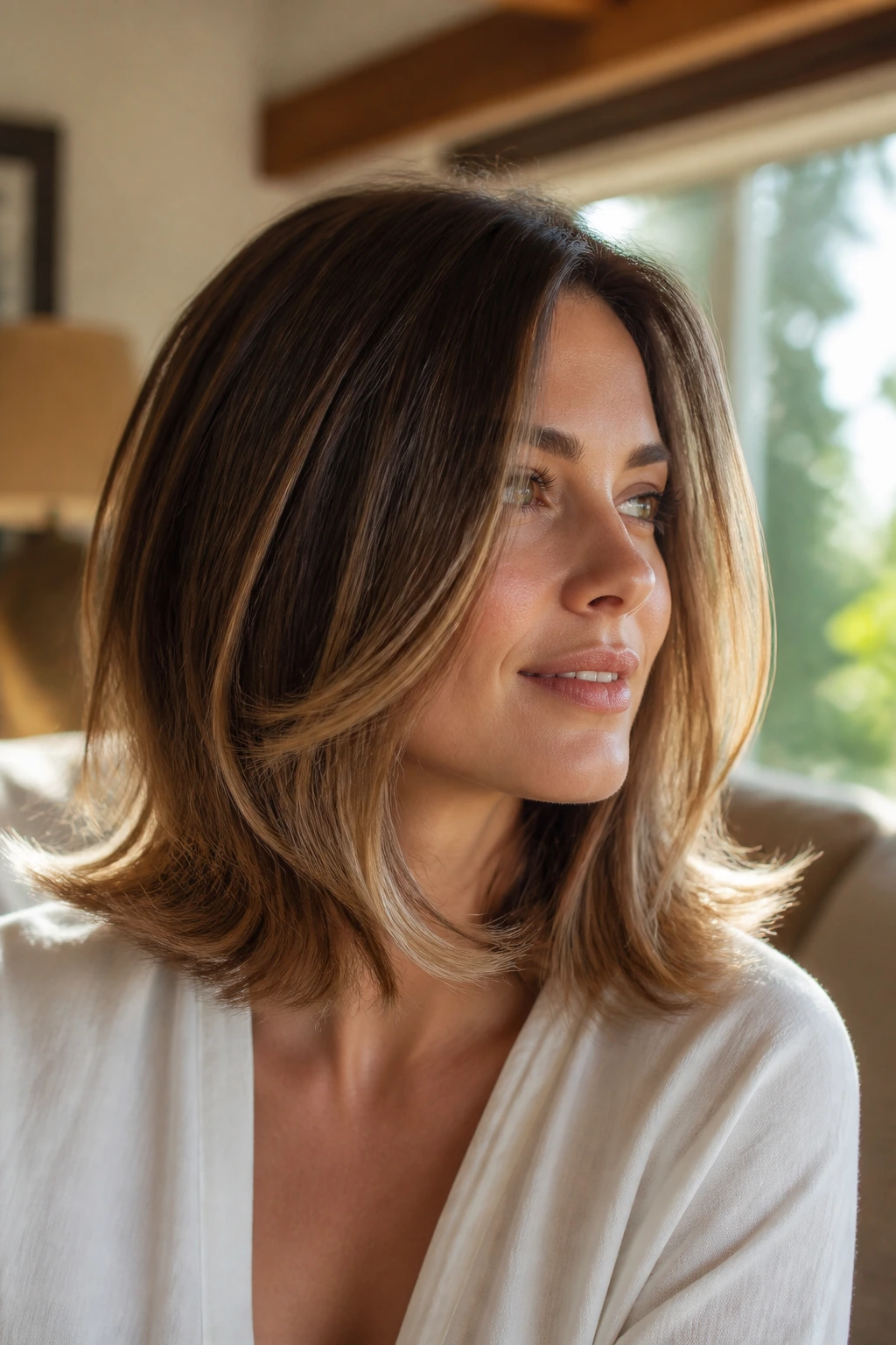 Close-up portrait of a real person with a feathered lob and flipped ends in warm daylight