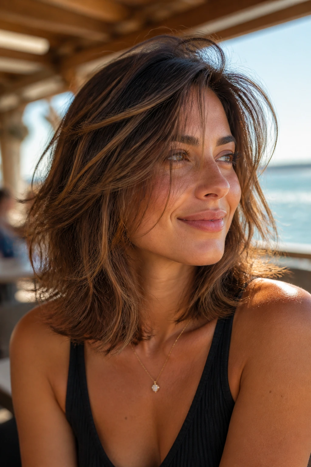 Close-up portrait of a real woman with a Feathered Lob showing feathered ends at shoulder length