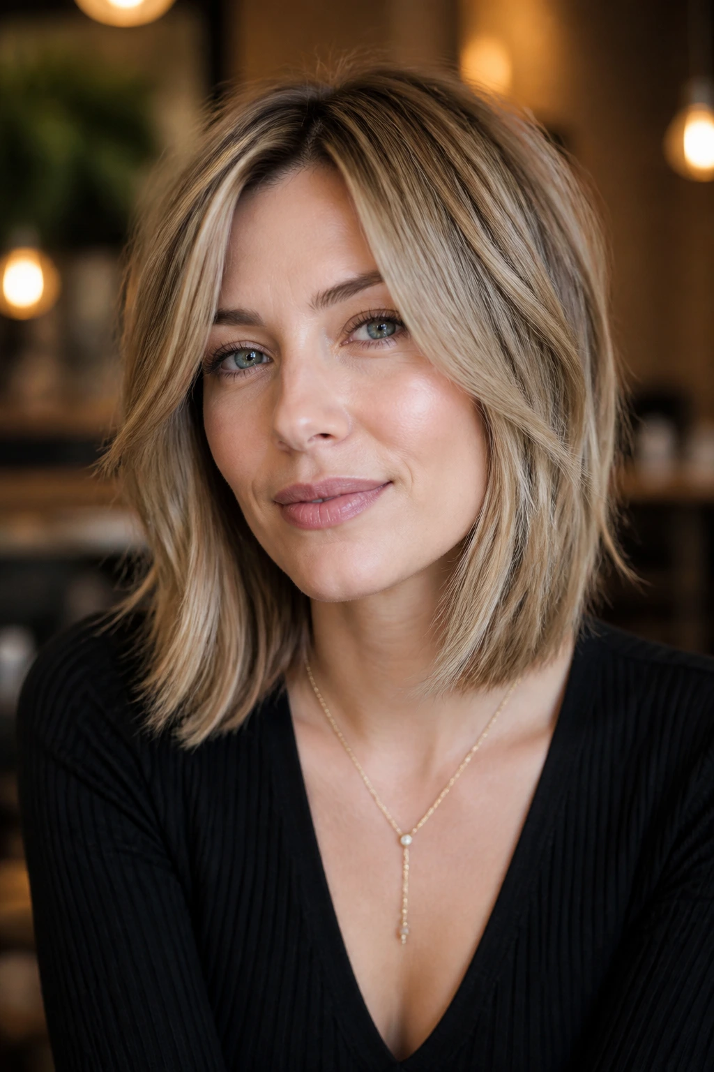 Portrait of real woman with feathered lob feathering around the face, avoiding bottom ends