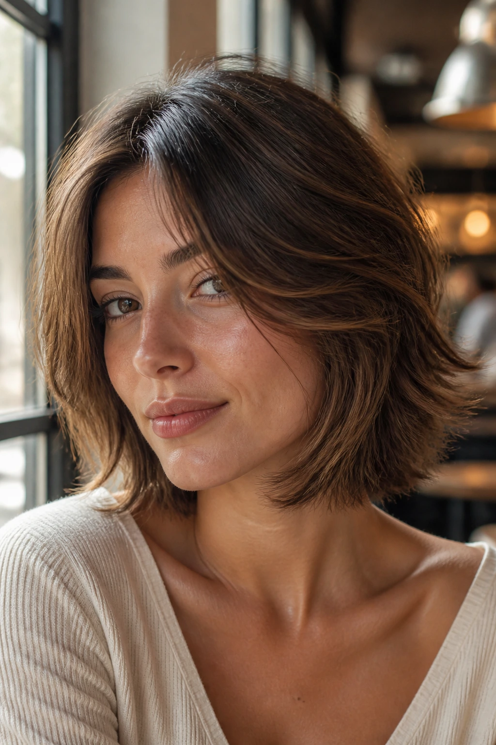 Close-up portrait of a real person with Feathered Lob hairstyle in a cafe