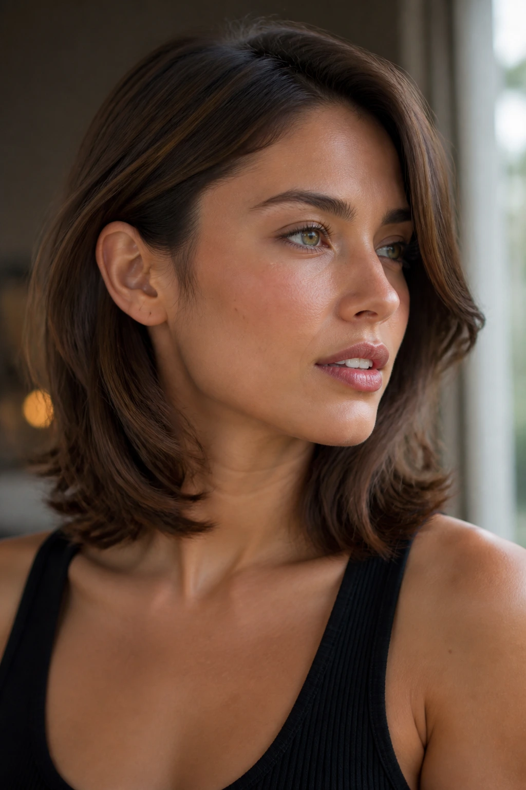Close-up portrait of a woman with classic feathered lob hairstyle