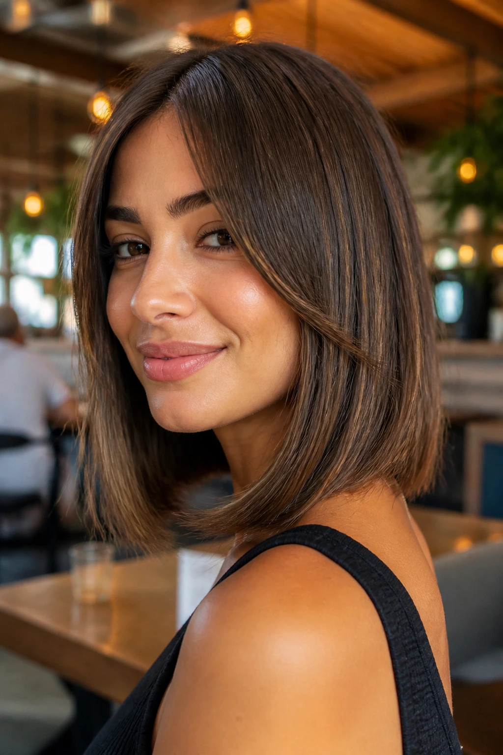 Close-up of a real woman with feathered lob showing soft tapering ends