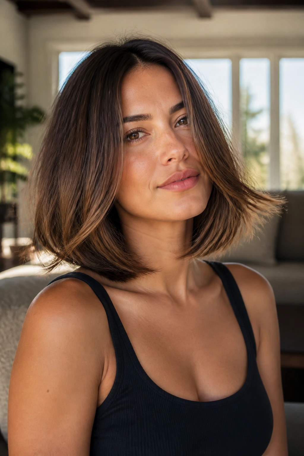 Real woman with feathered lob featuring invisible layers in bright indoor light.