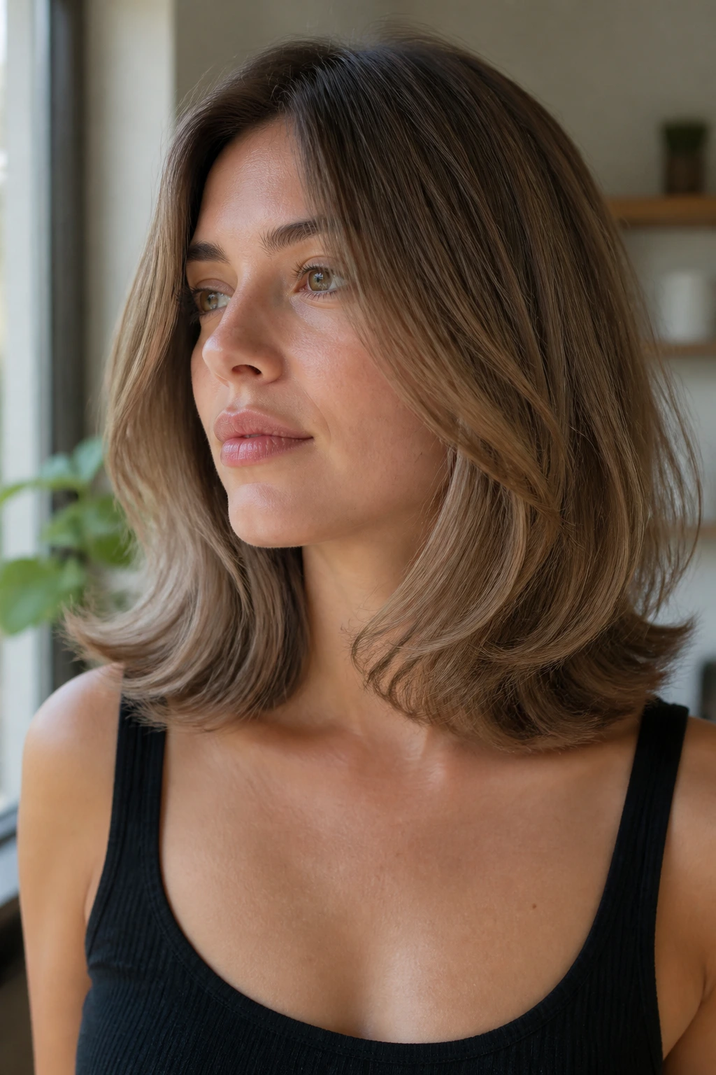 Head-and-shoulders portrait of a real person with a feathered lob and light layers.