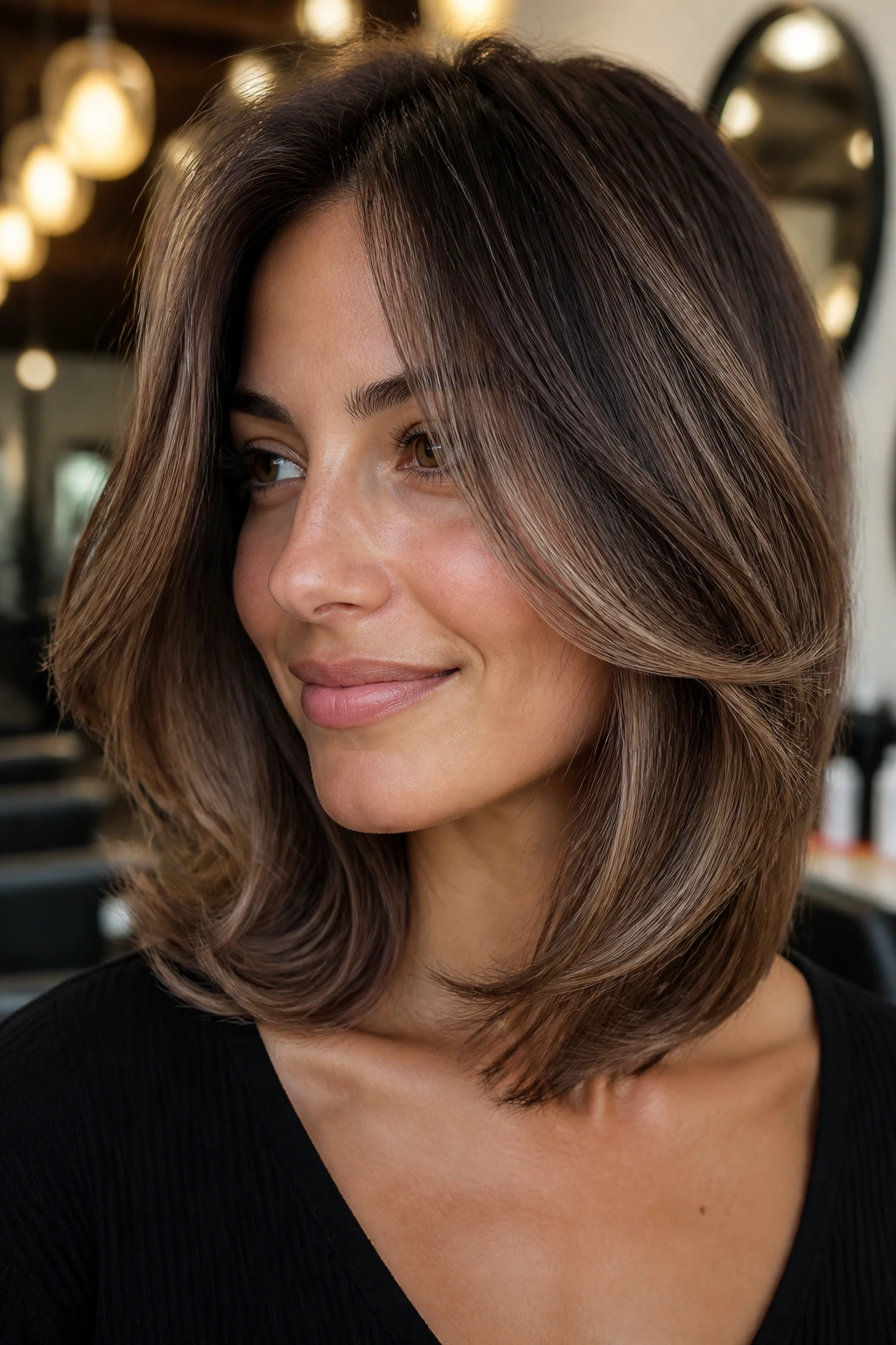 Portrait of a real person with a feathered lob and mushroom brown balayage