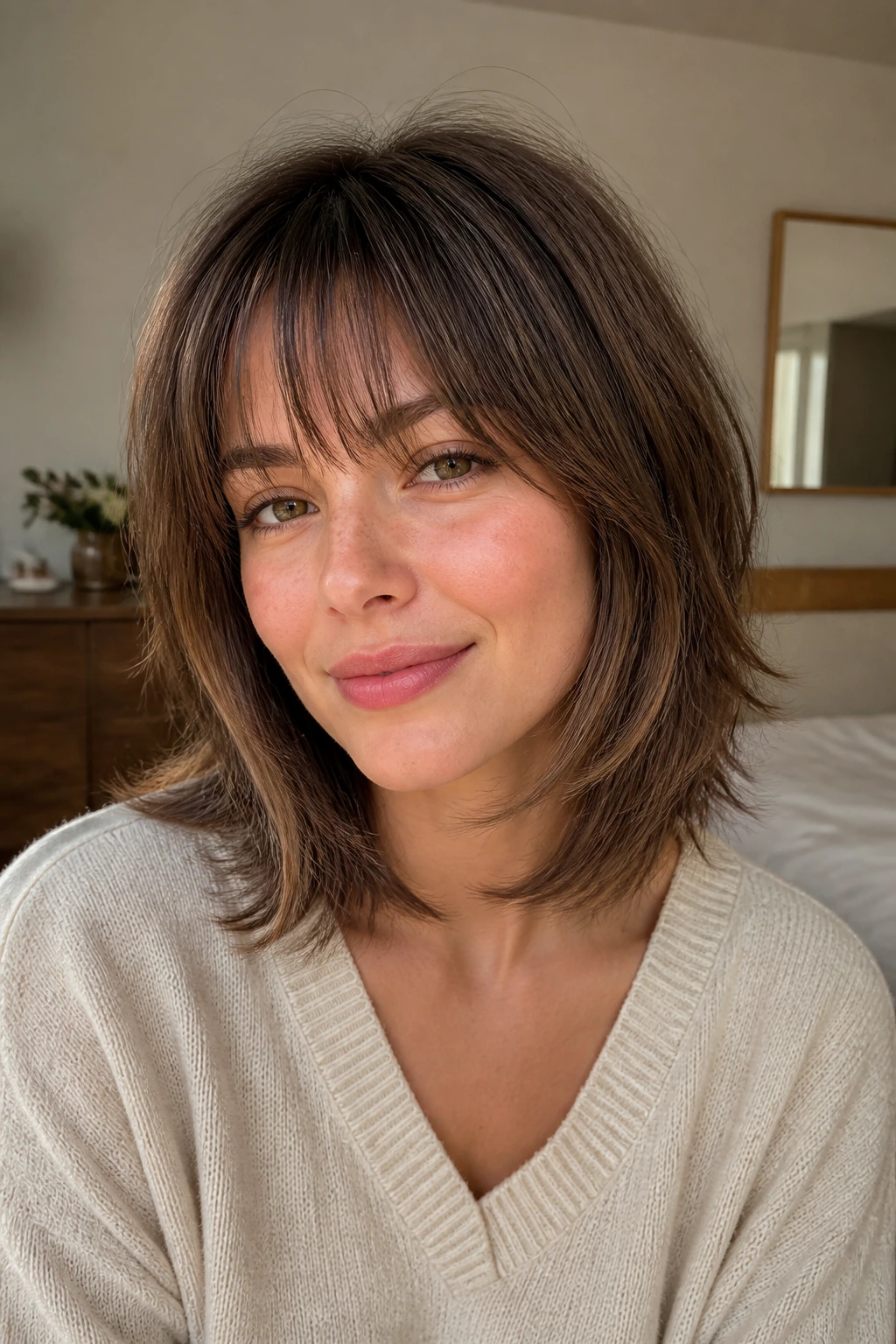 Portrait of a woman with feathered lob and wispy bangs in soft light.