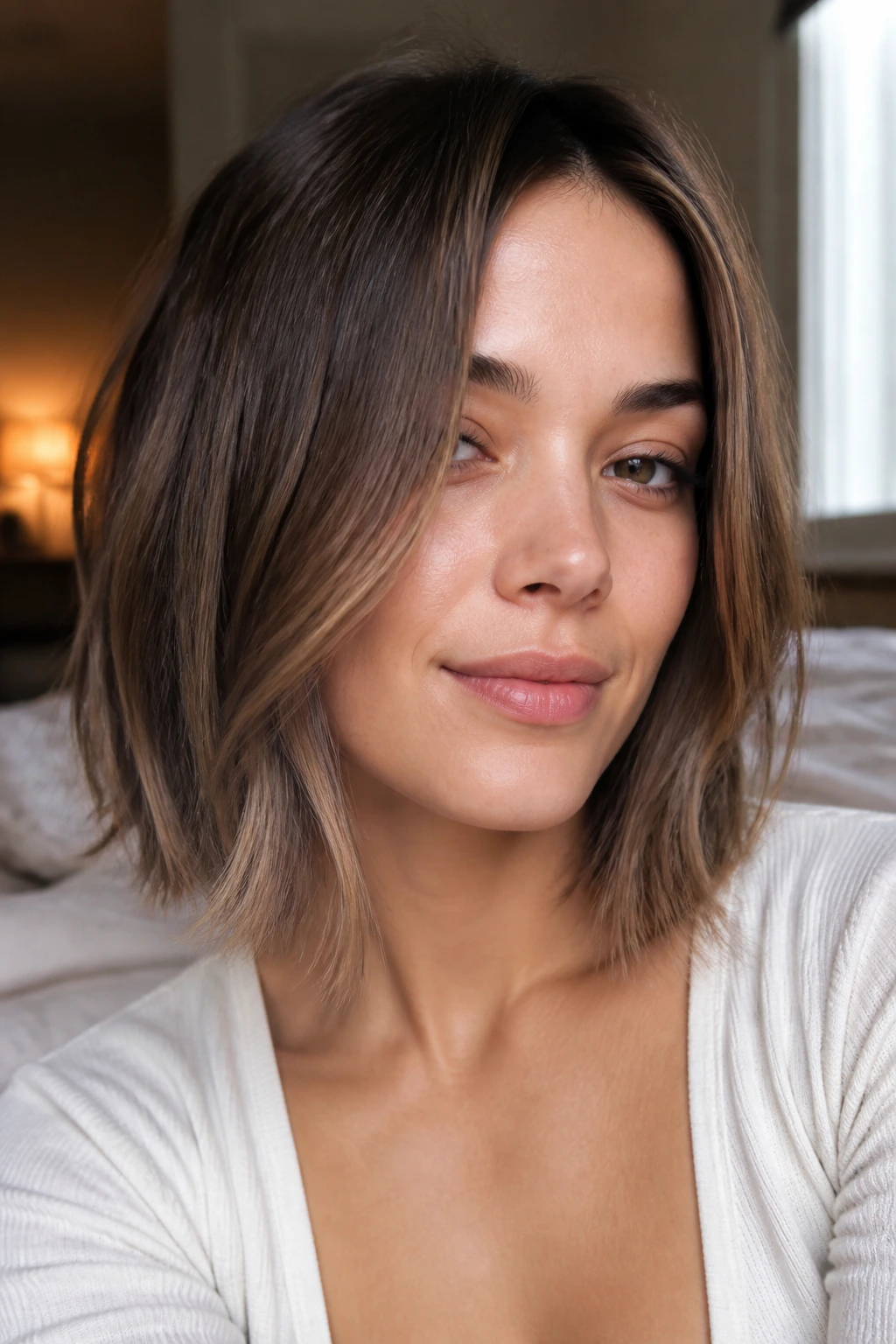 Close-up portrait of a real woman with feathered lob and soft edge work, warm window light