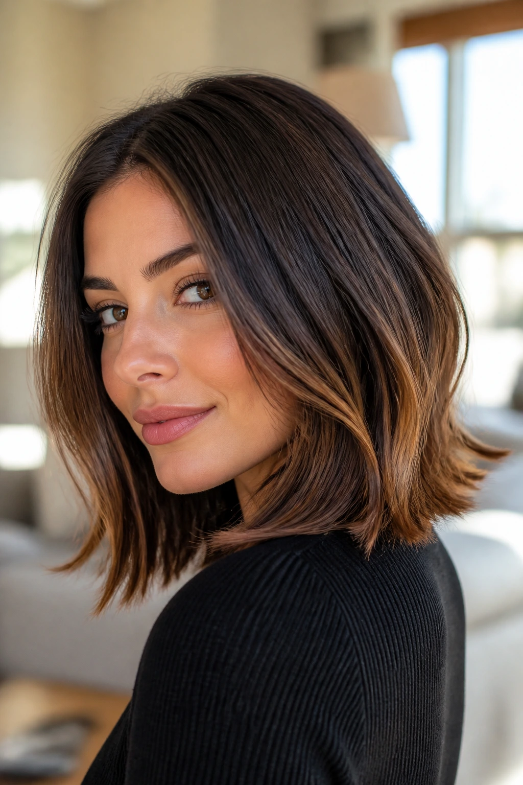 Close-up of a real woman with feathered lob ends gently flicking for movement.