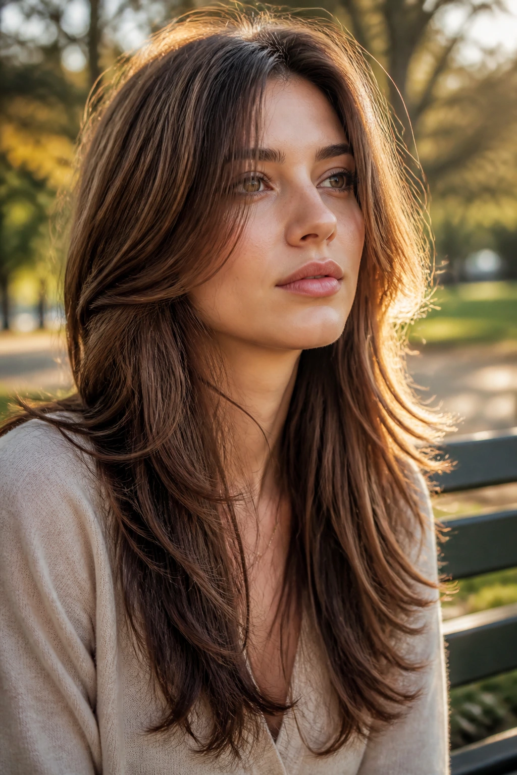 Close-up of a real woman with long feathered layers and a soft bend around the face