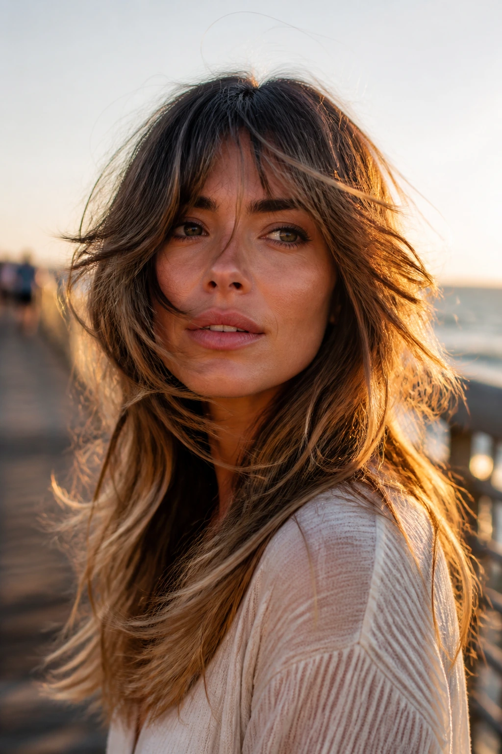 Close-up of a real woman with feathered long shag on a windy boardwalk