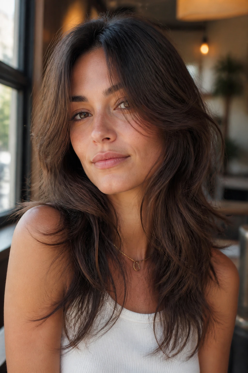 Close-up portrait of a real woman with feathered long shag and face-framing layers