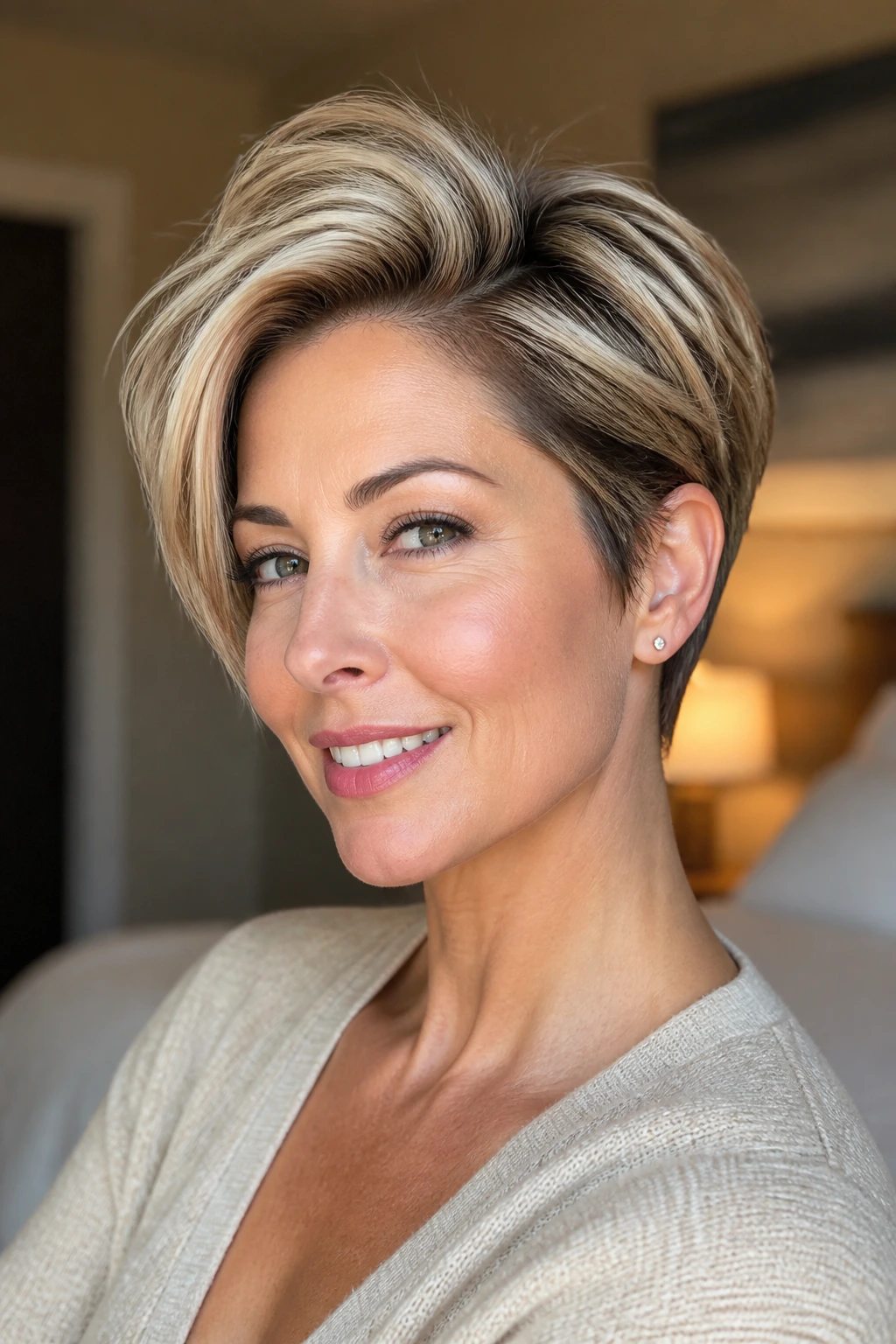 Medium close-up of a real person with feathered long-top pixie
