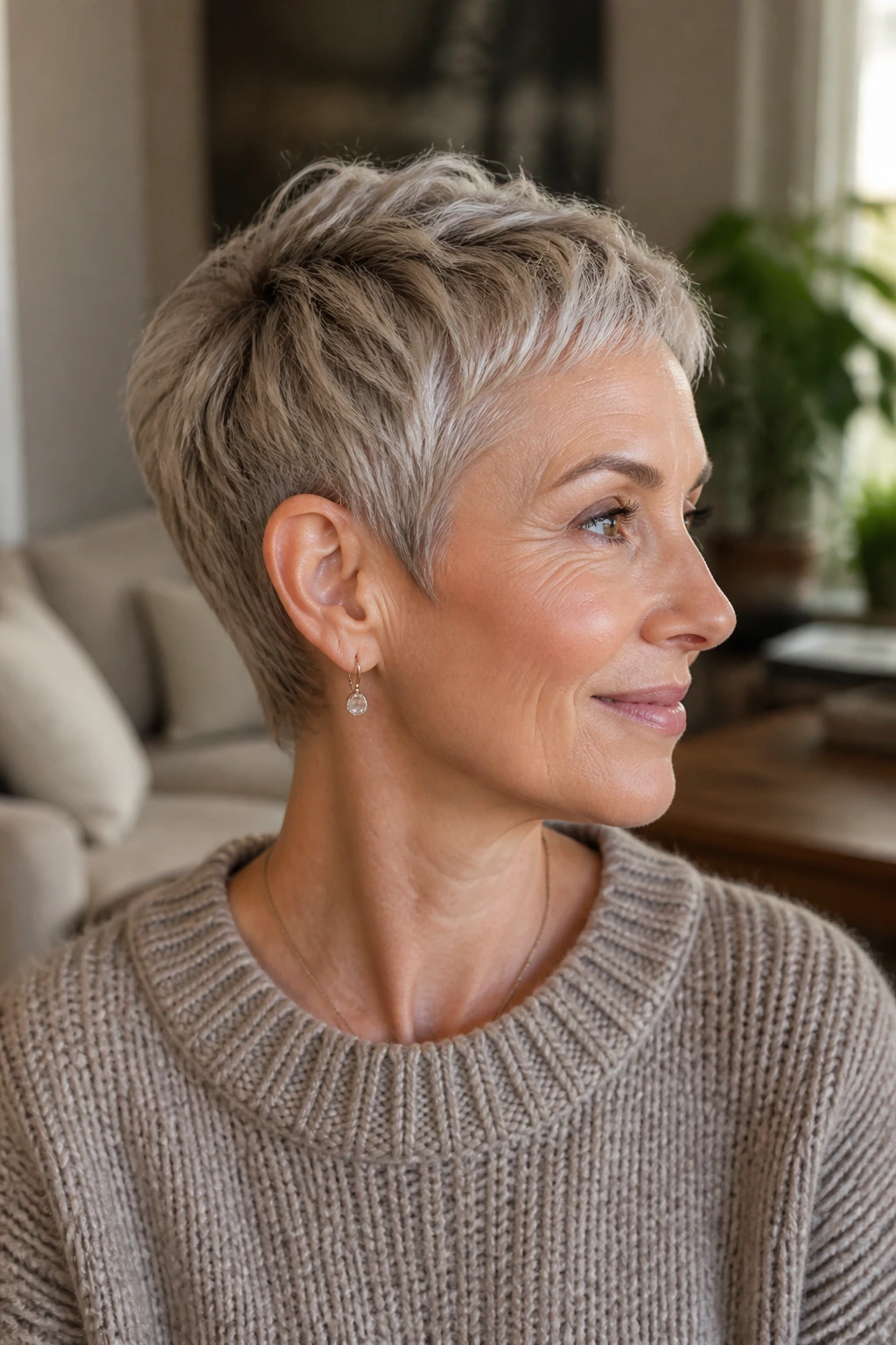 Close-up portrait of a person with a feathered micro pixie haircut on fine hair