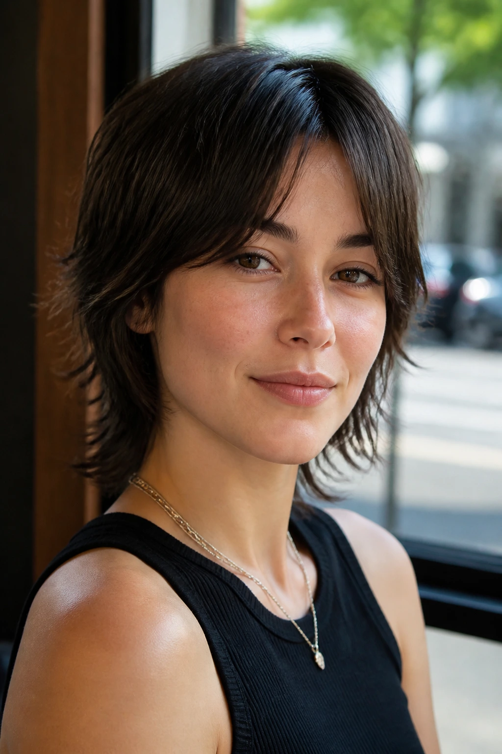 Close-up of a woman with feathered micro shag and curtain bangs in cafe light