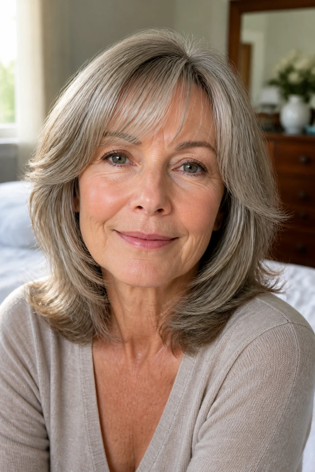 Close-up portrait of a woman with a feathered mid-length cut