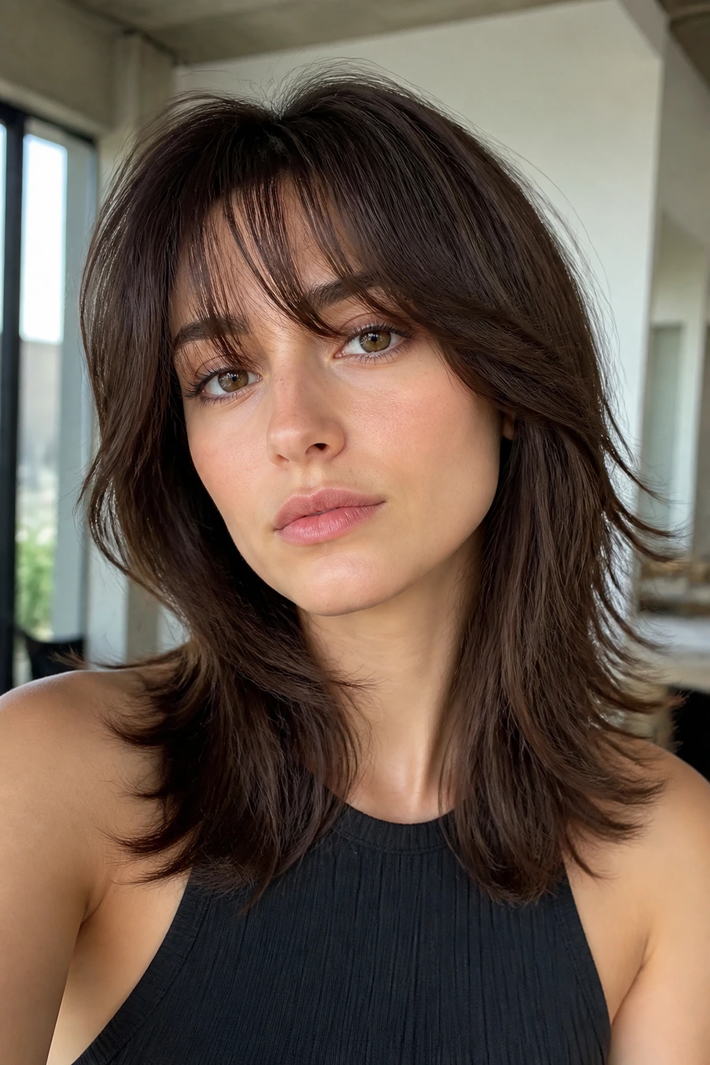 Close-up portrait of a real person with feathered mid-length hair and airy bangs