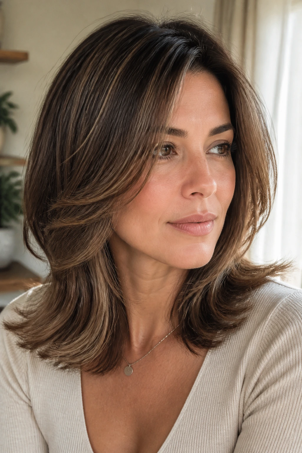 Close-up of a real woman with feathered mid-length cut and ash brown highlights