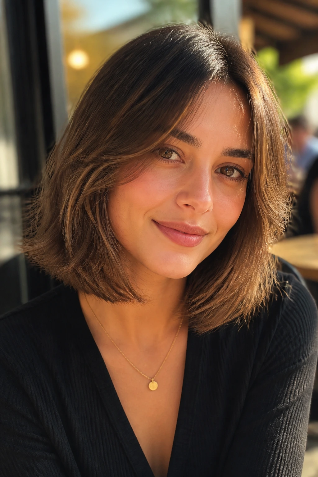 Real woman with feathered mid-length bob in outdoor cafe light