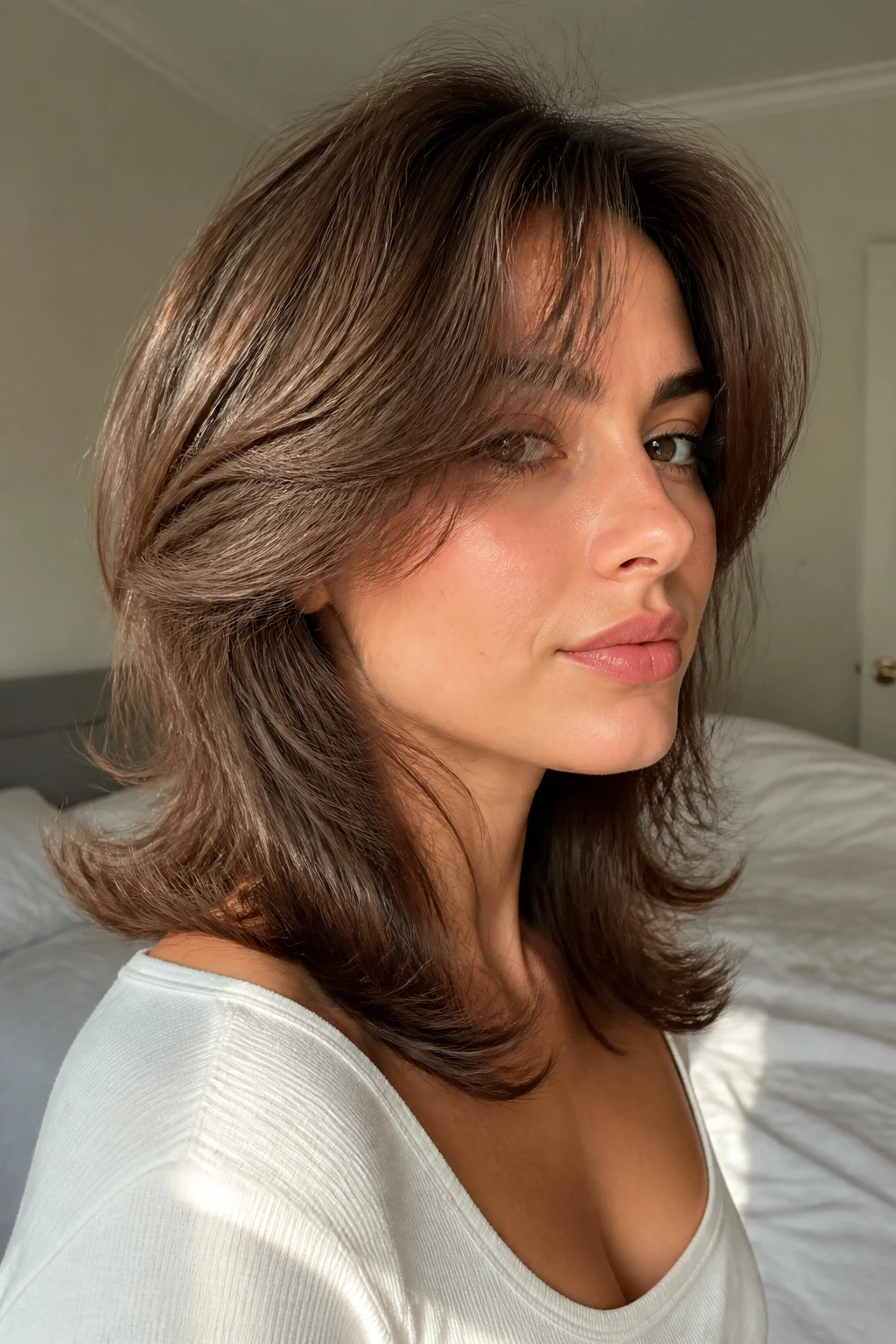 Close-up of Feathered Mid-Length Cut hairstyle on a real person with feathered layers