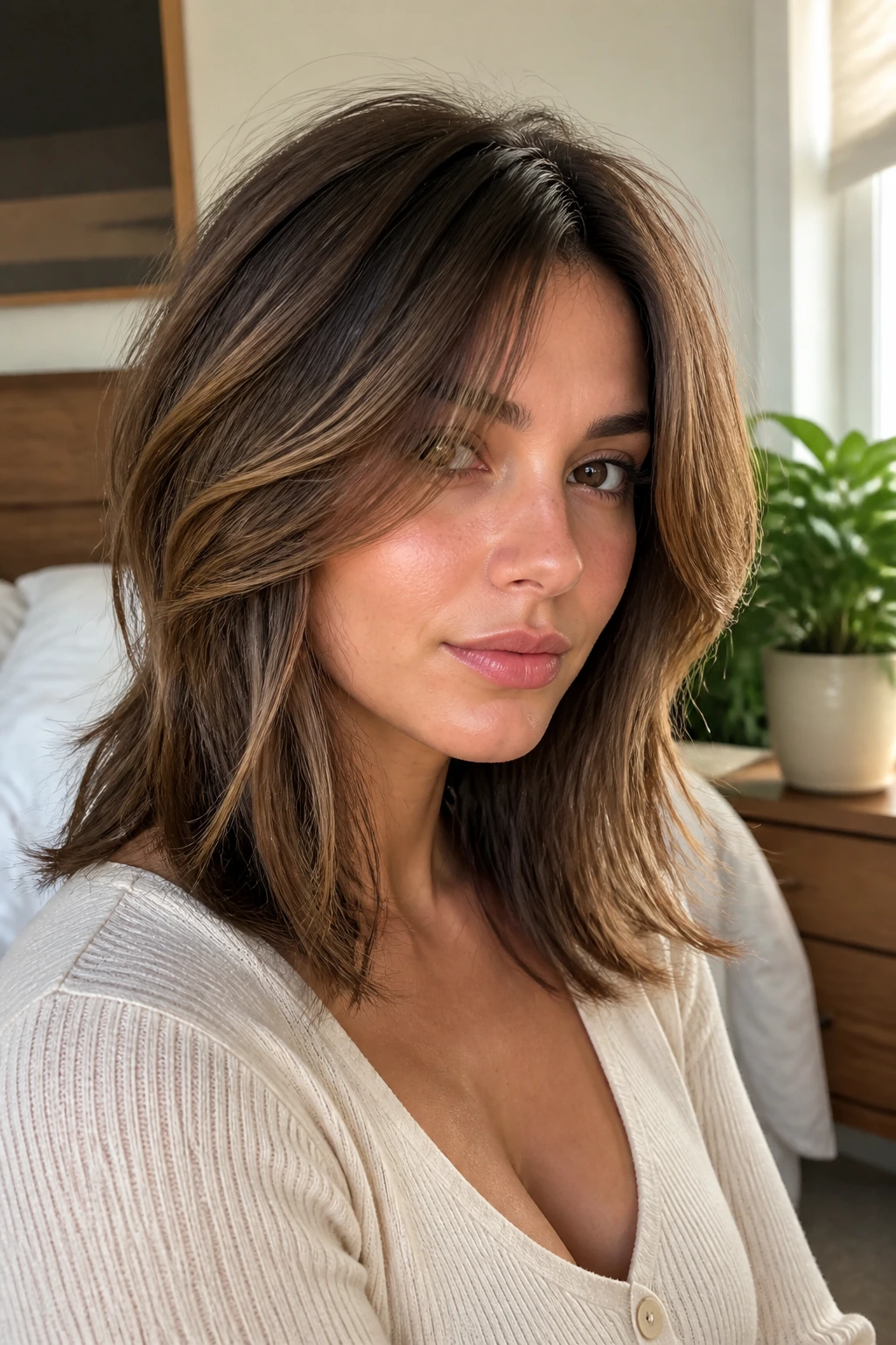 Portrait of a real woman with feathered mid-length cut, soft face-framing feathered layers