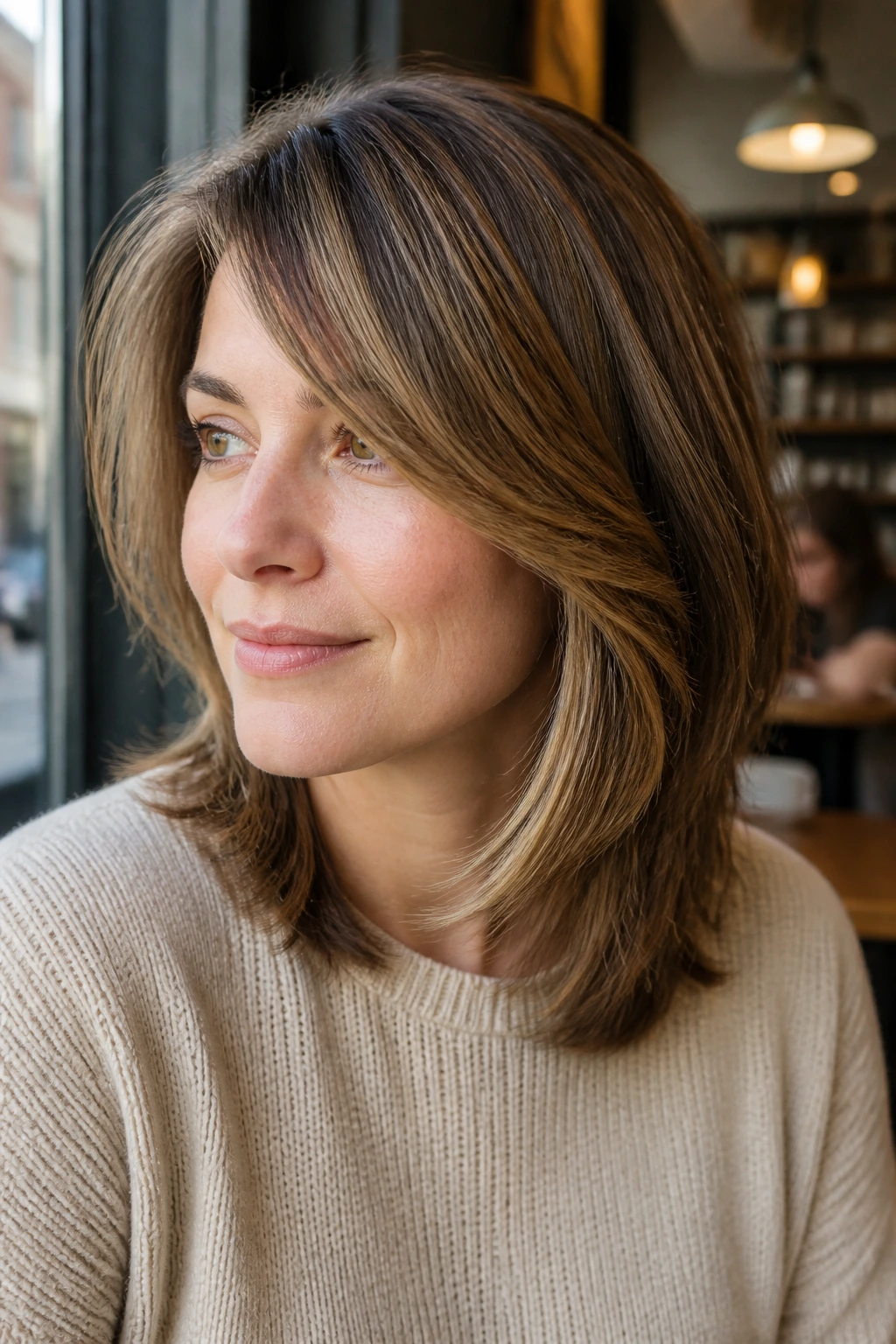 Portrait of a person with feathered mid-length cut and side-swept bangs in cafe light.