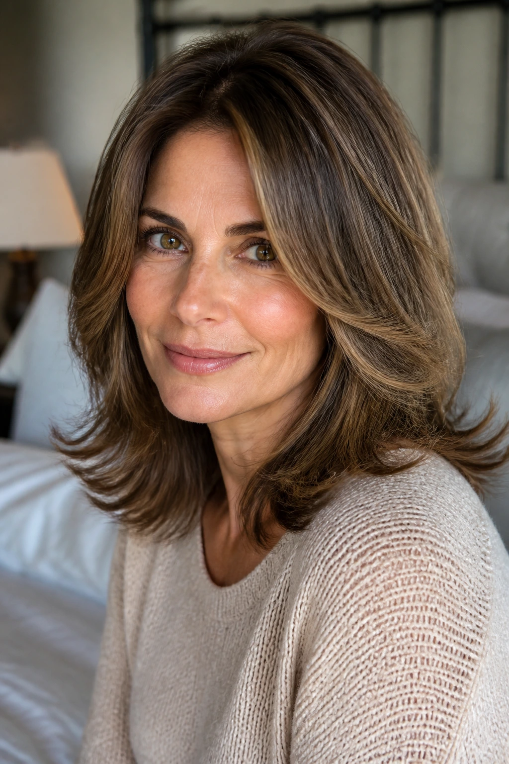 Close-up portrait of a real woman with mid-length feathered haircut in warm window light